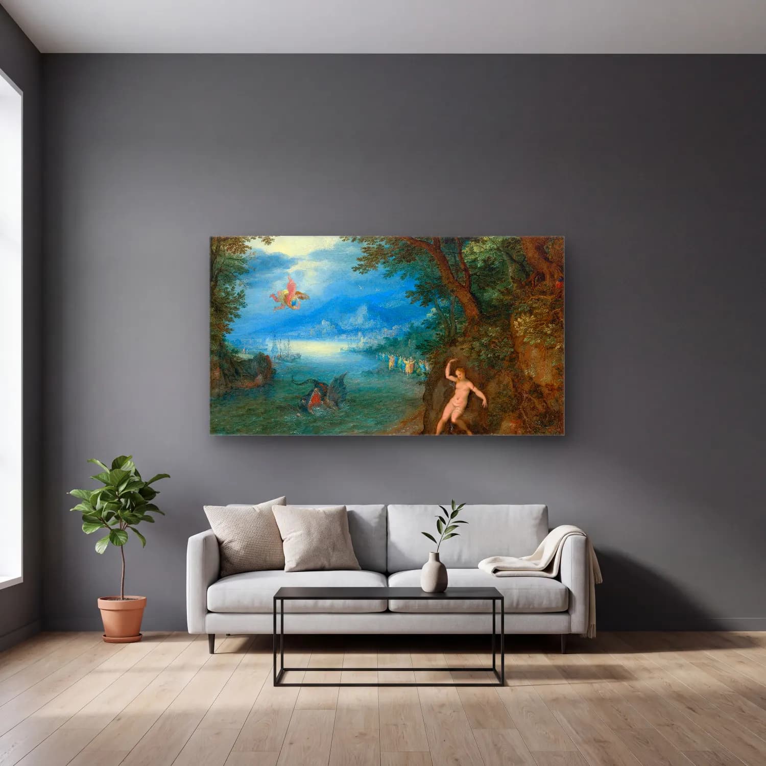 Jan Brueghel The Elder – Perseus And Andromeda cam tablo — gri duvarlı salonda