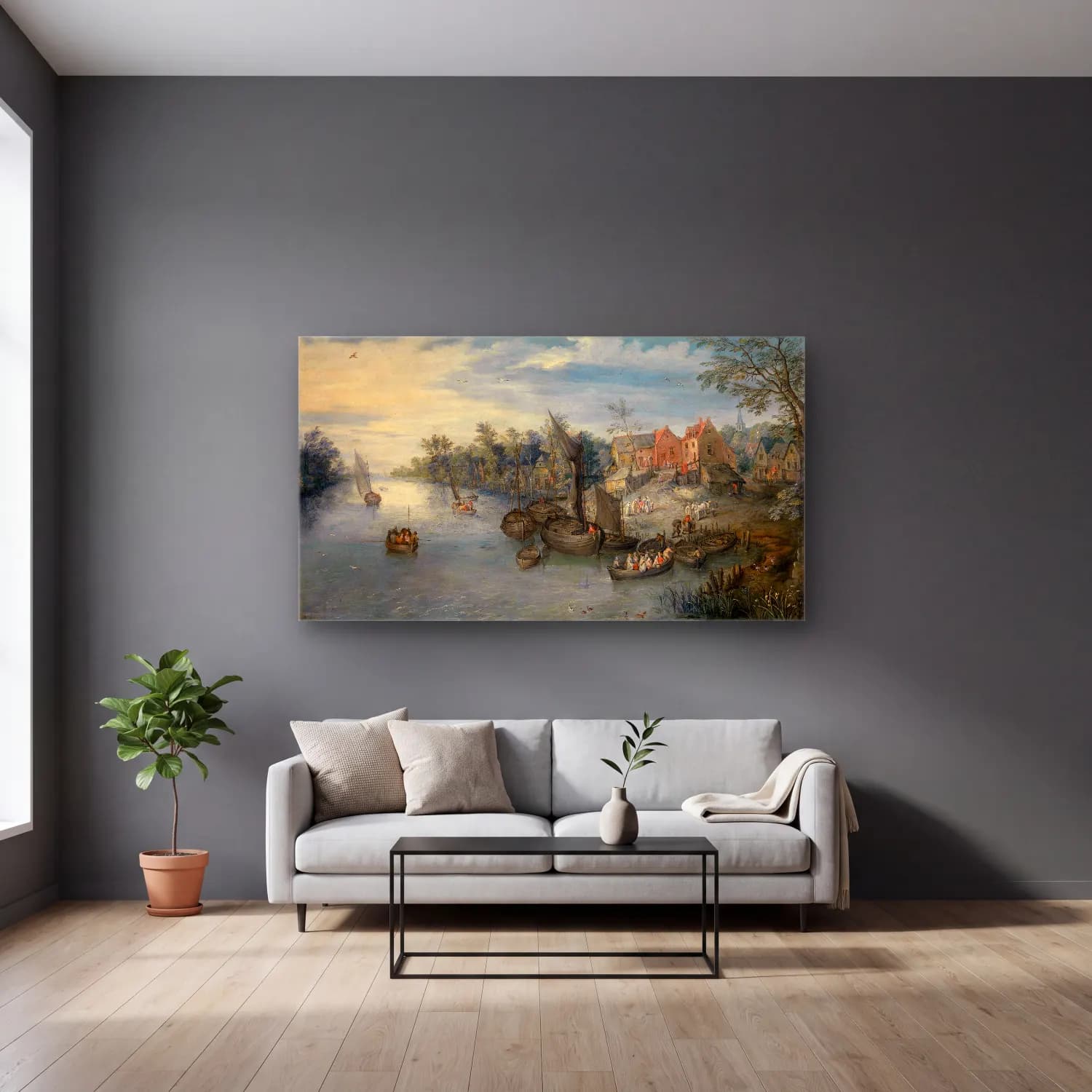 Jan Brueghel The Elder – River Landscape cam tablo — gri duvarlı salonda