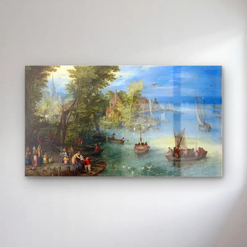 Jan Brueghel The Elder – River Landscape – Pastel Tonlar cam tablo — Jan Brueghel The Elder – River Landscape – Pastel Tonlar — yağlı boya liman ve tekneler