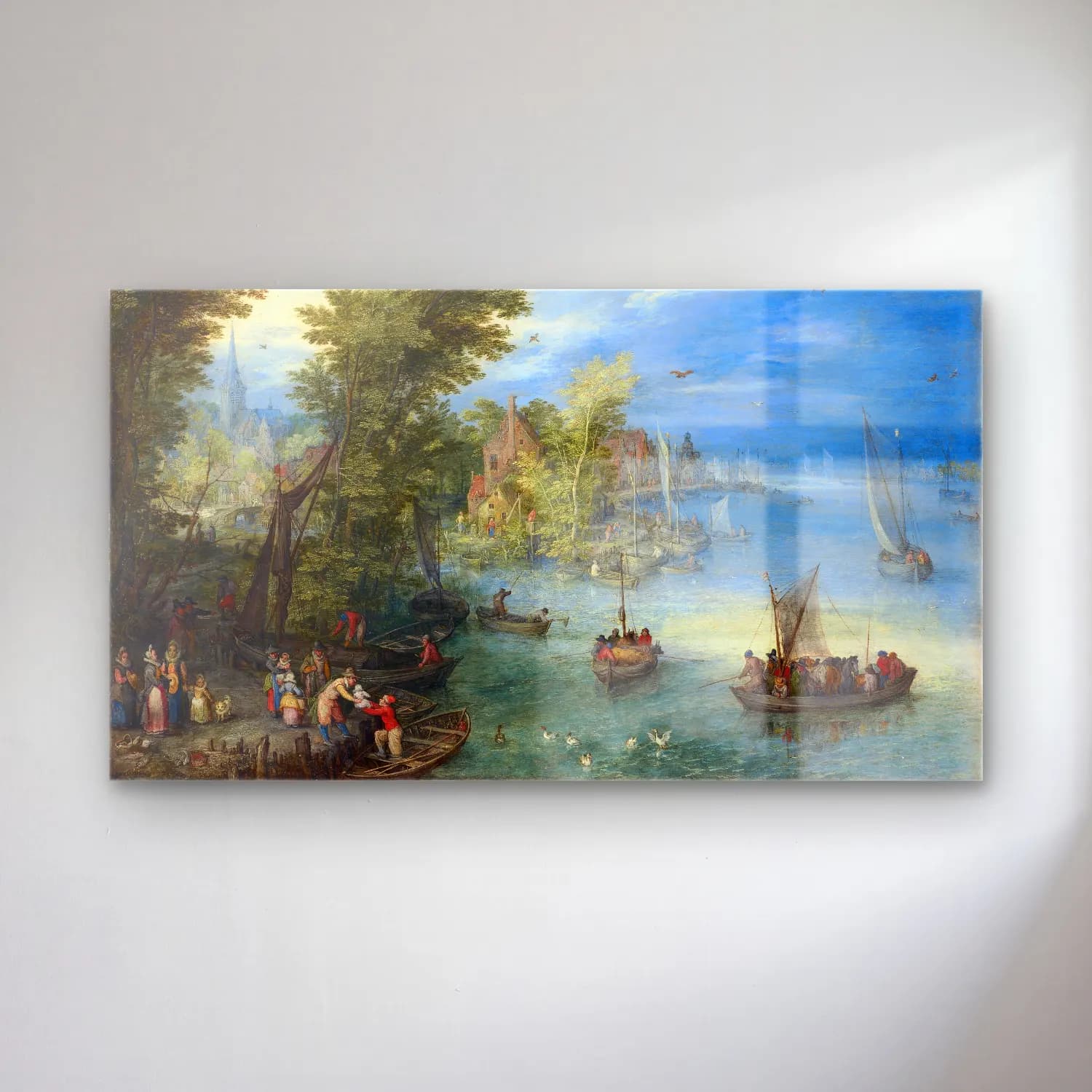 Jan Brueghel The Elder – River Landscape – Pastel Tonlar cam tablo — Jan Brueghel The Elder – River Landscape – Pastel Tonlar — yağlı boya liman ve tekneler
