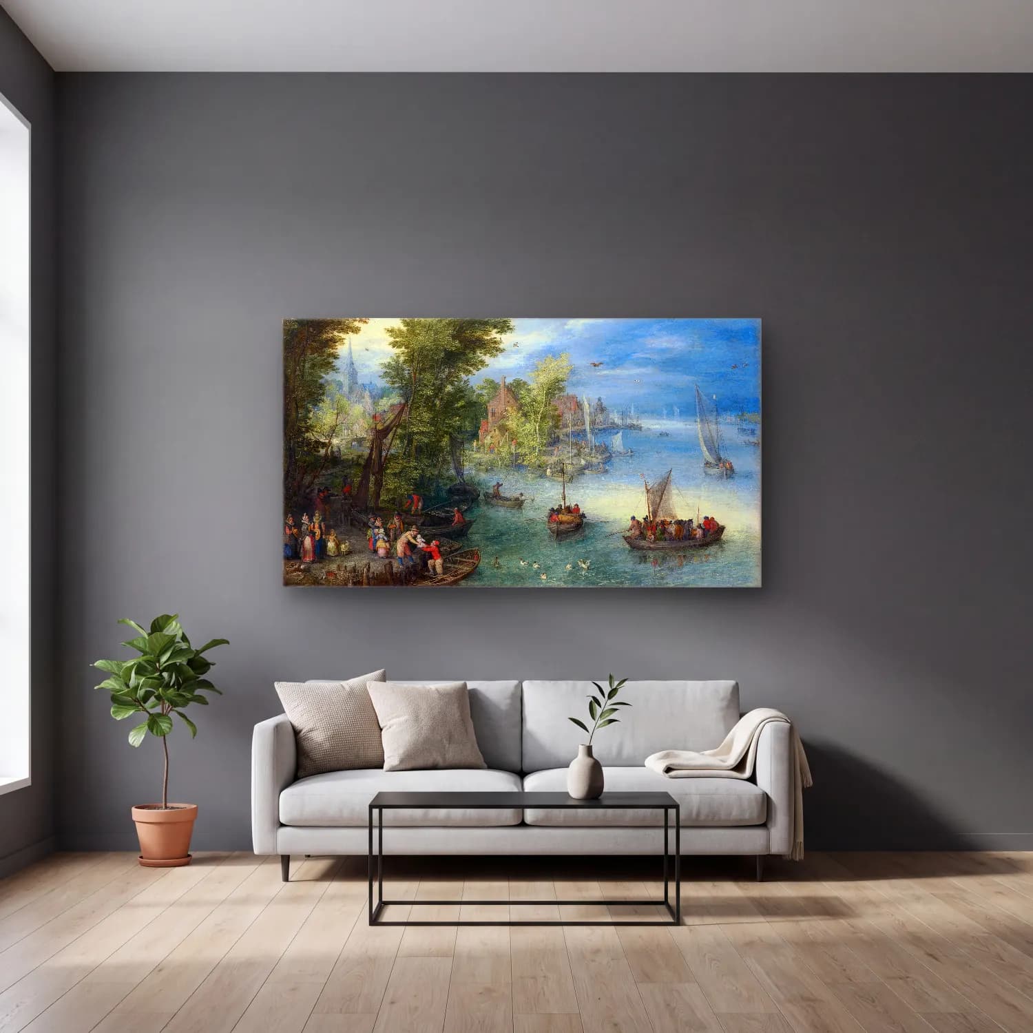 Jan Brueghel The Elder – River Landscape – Pastel Tonlar cam tablo — gri duvarlı salonda