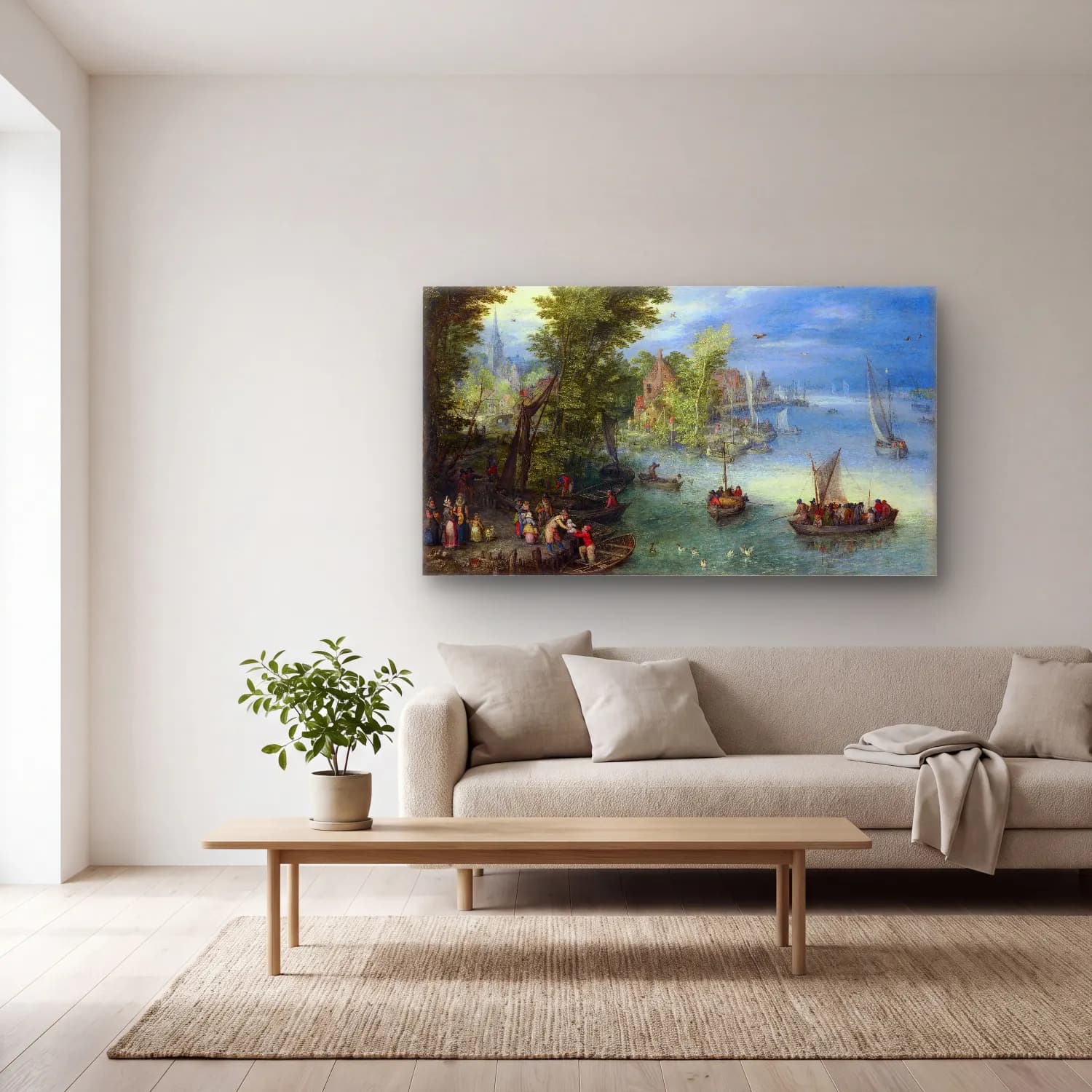 Jan Brueghel The Elder – River Landscape – Pastel Tonlar cam tablo — açık renk salonda