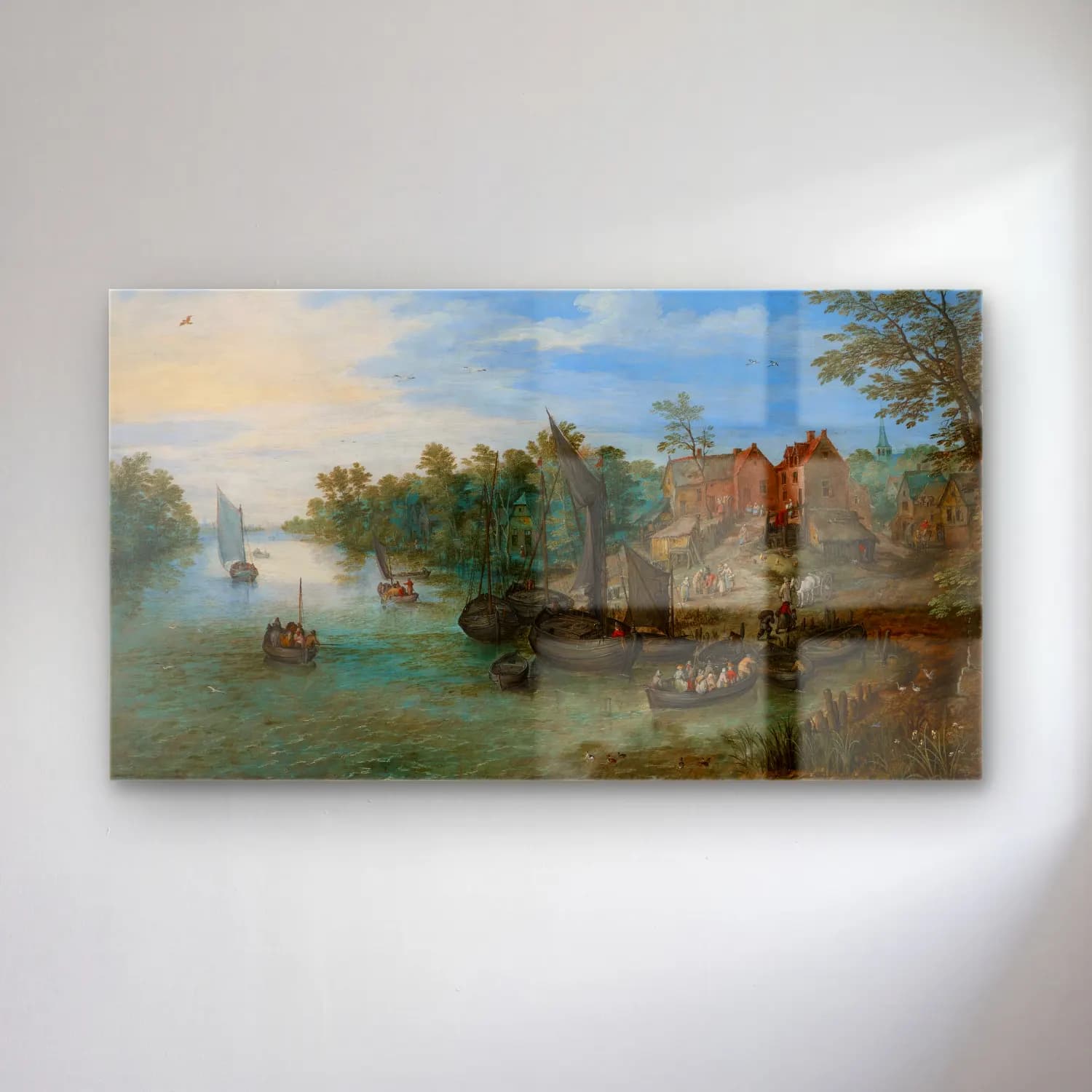 Jan Brueghel The Elder – River Landscape – Mavi Tonlar cam tablo — Jan Brueghel The Elder – River Landscape – Mavi Tonlar — yağlı boya liman ve tekneler