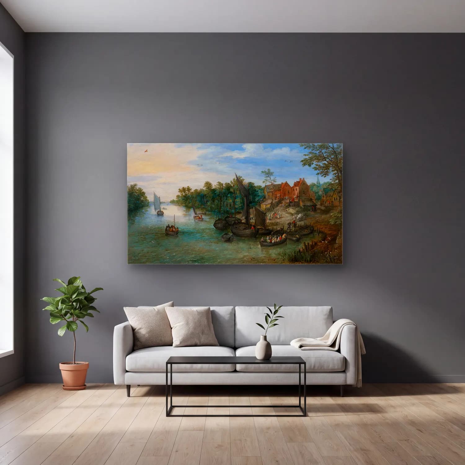 Jan Brueghel The Elder – River Landscape – Mavi Tonlar cam tablo — gri duvarlı salonda