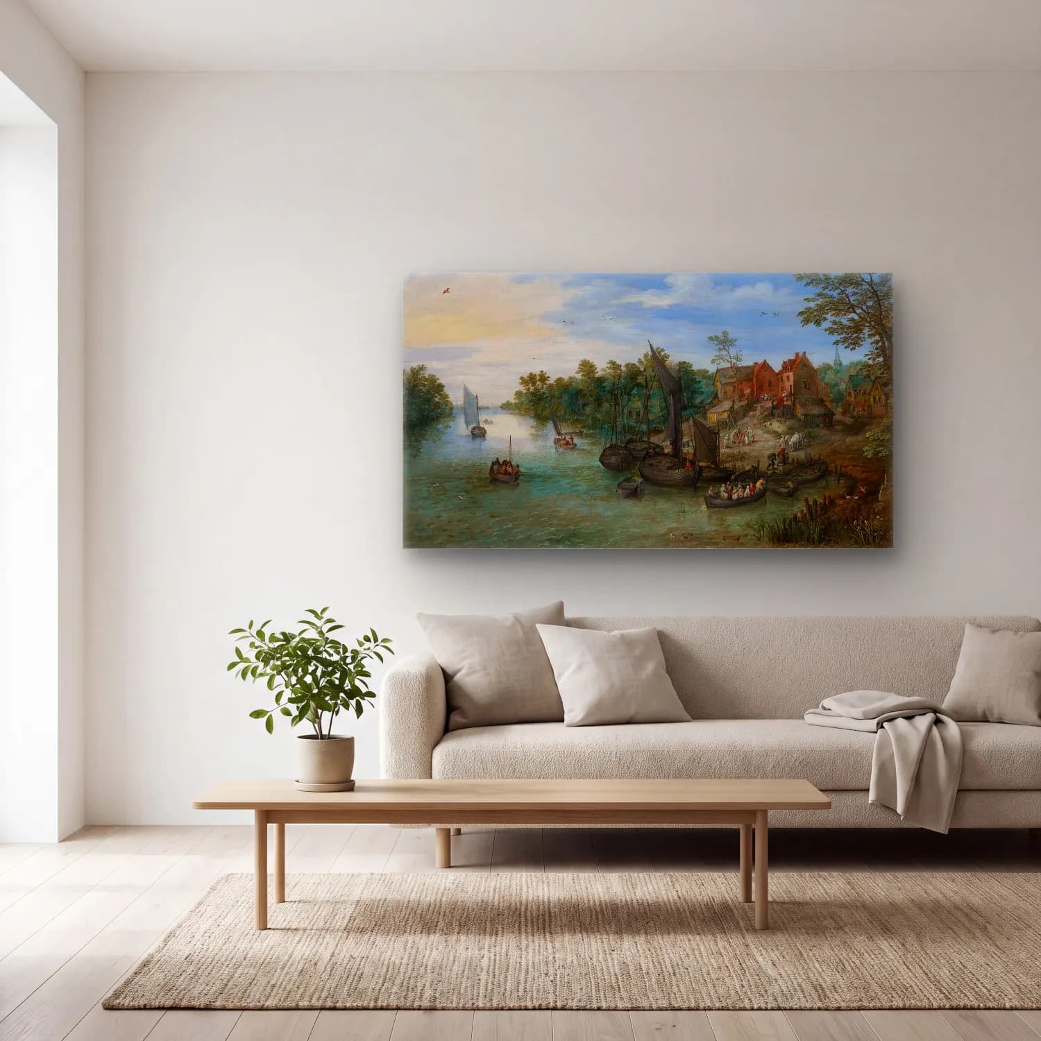 Jan Brueghel The Elder – River Landscape – Mavi Tonlar cam tablo — açık renk salonda