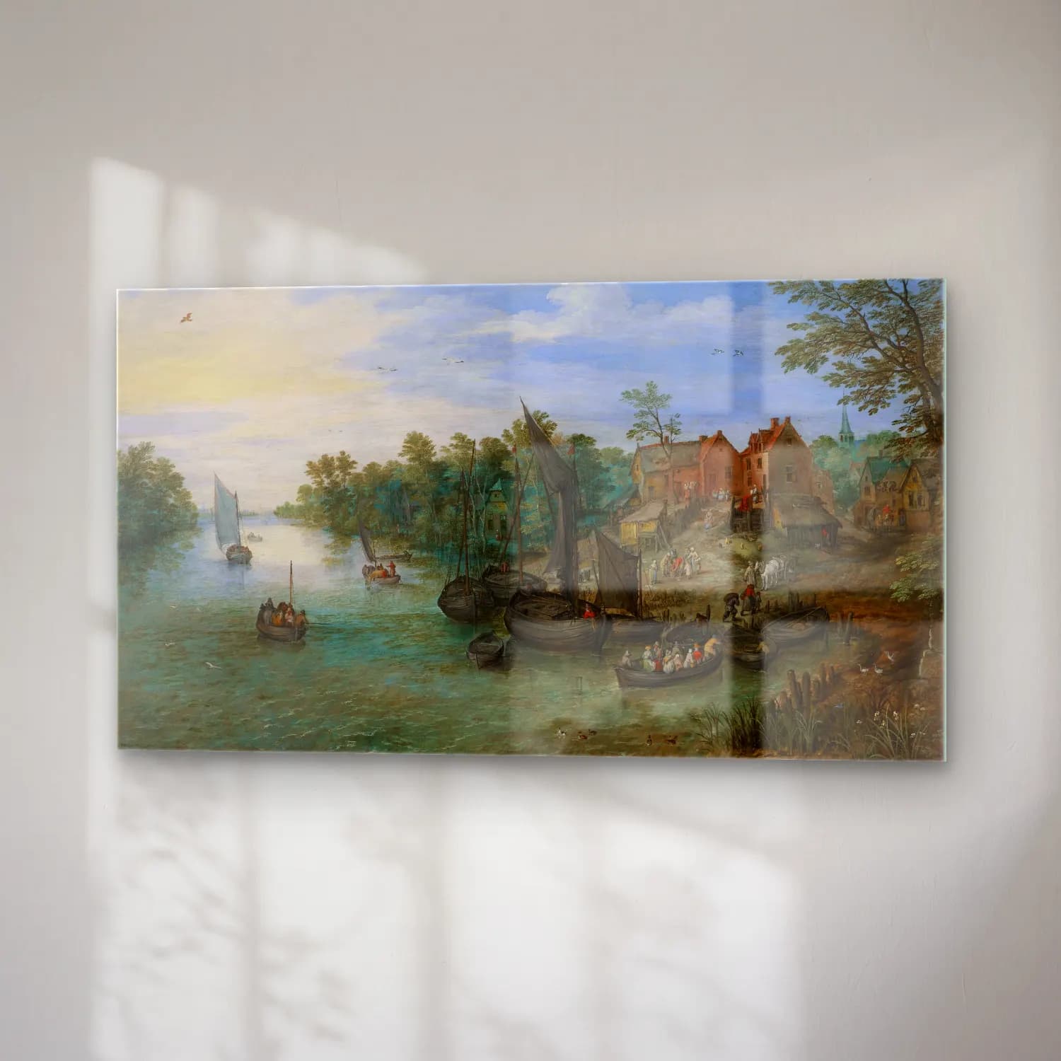 Jan Brueghel The Elder – River Landscape – Mavi Tonlar cam tablo — sağ açıdan görünüm