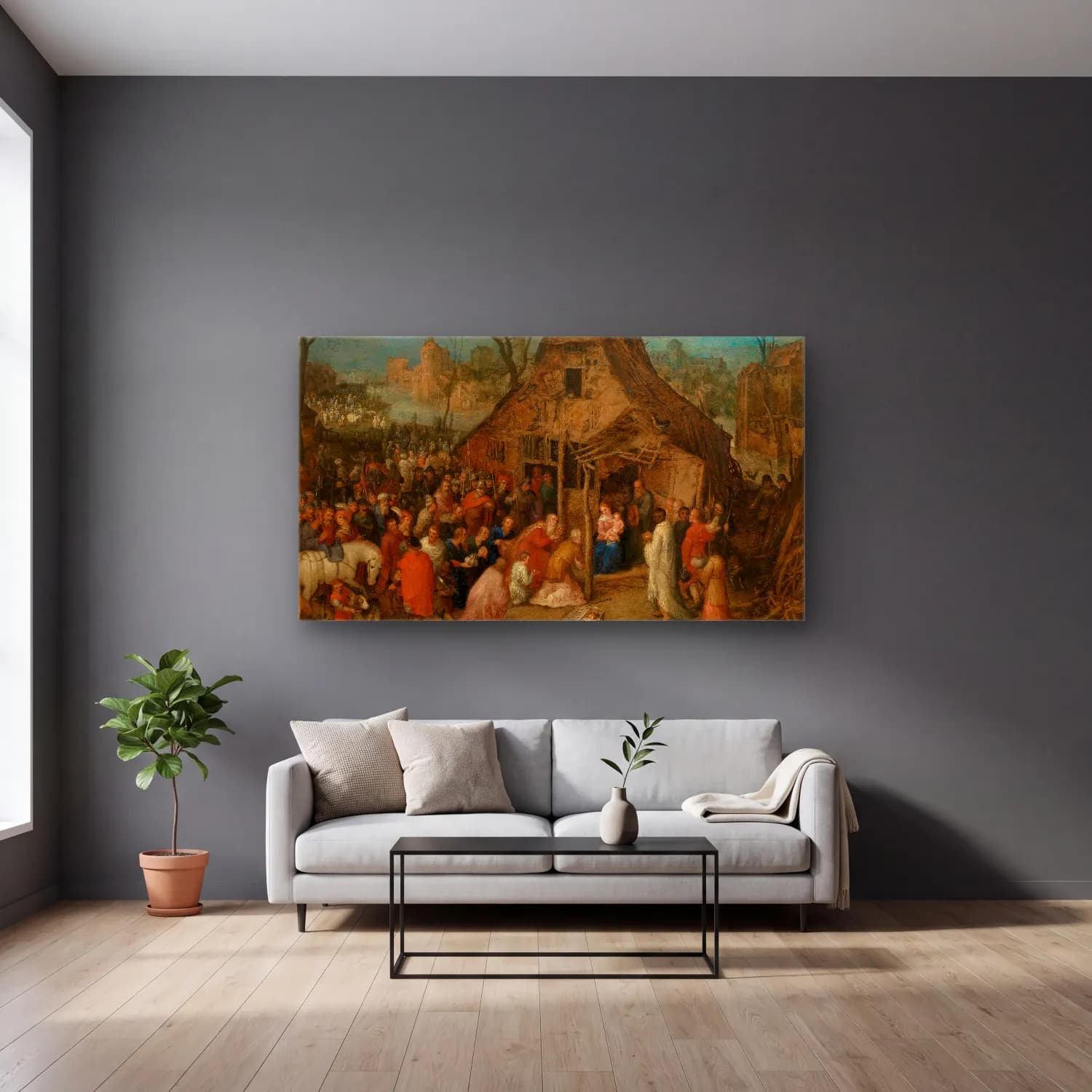 Jan Brueghel The Elder – The Adoration of the Magi cam tablo — gri duvarlı salonda