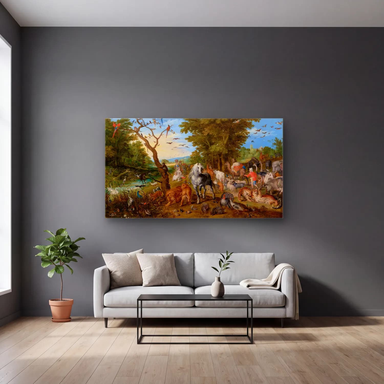 Jan Brueghel The Elder – The Entry of the Animals into Noah’s Ark cam tablo — gri duvarlı salonda