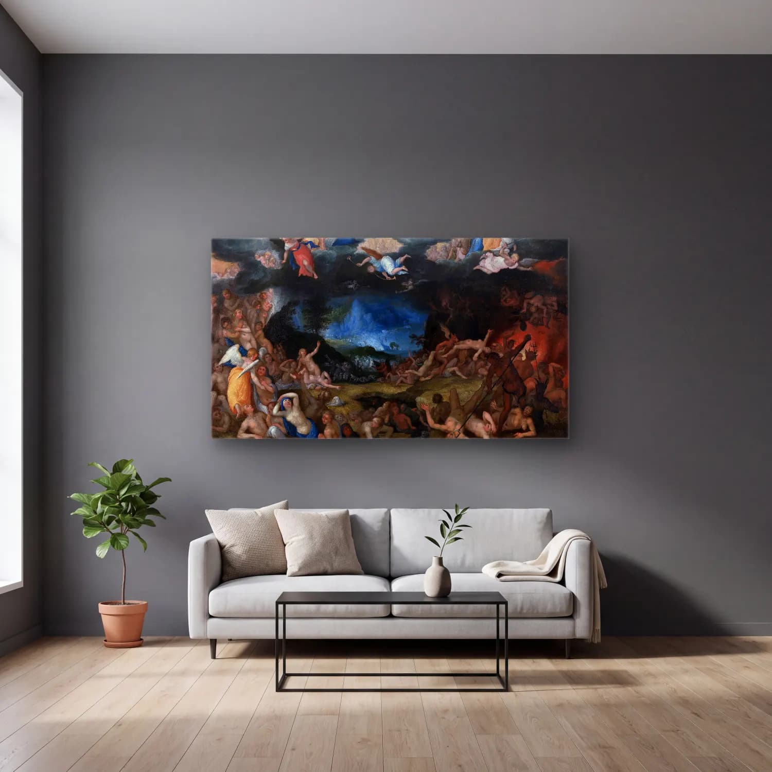 Jan Brueghel The Elder – The Last Judgement – Mavi Tonlar cam tablo — gri duvarlı salonda