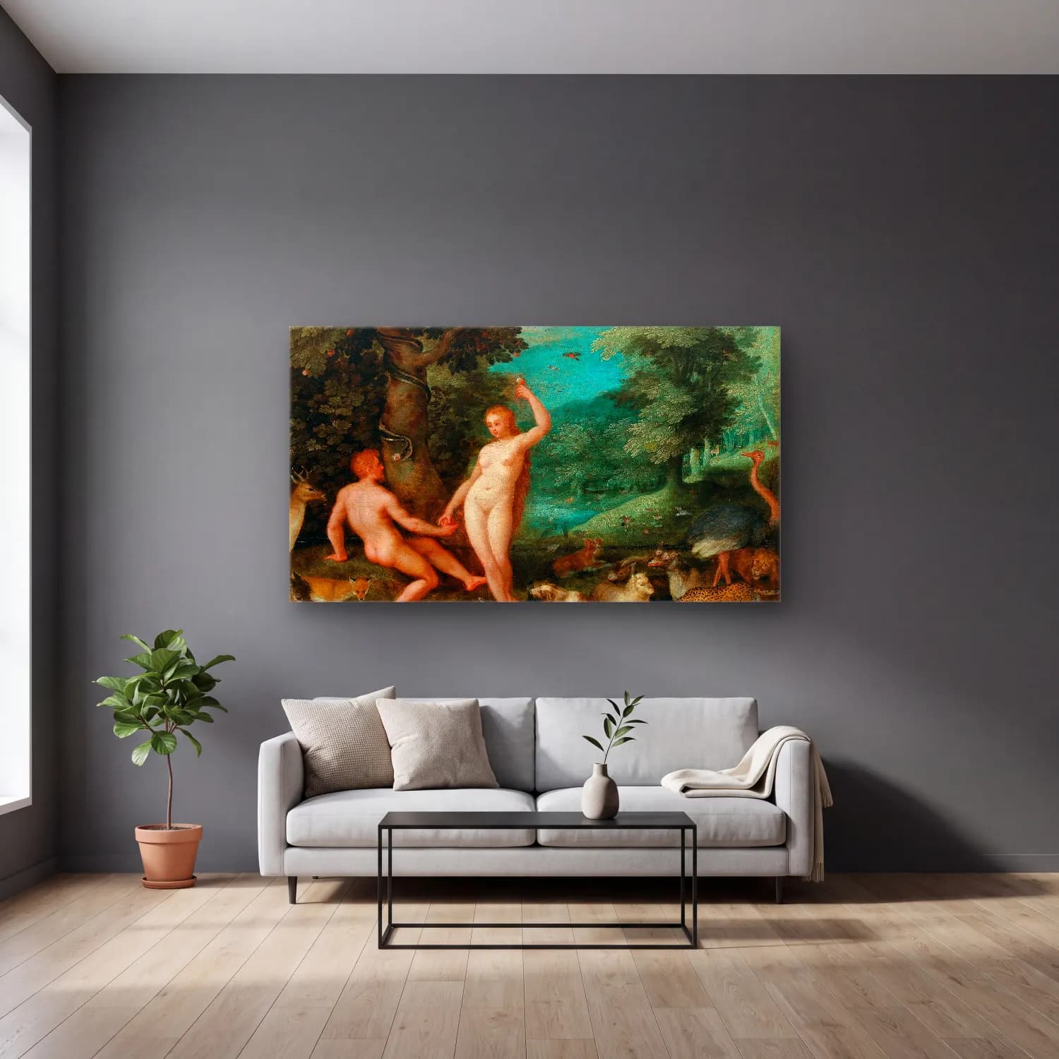 Jan Brueghel The Elder – The Temptation Of Adam In Paradise cam tablo — gri duvarlı salonda