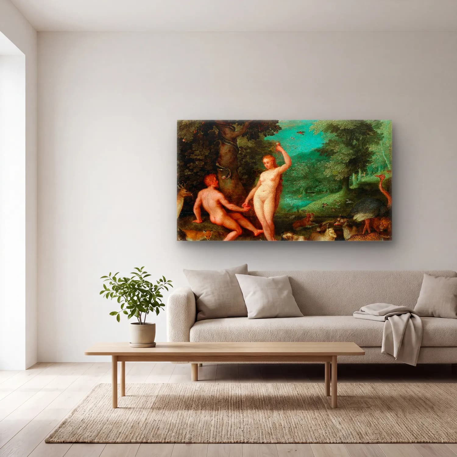 Jan Brueghel The Elder – The Temptation Of Adam In Paradise cam tablo — açık renk salonda