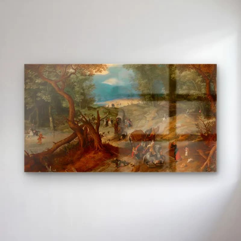 Jan Brueghel The Elder – Travallers Attacked cam tablo — Jan Brueghel The Elder – Travallers Attacked — yağlı boya savaş sahnesi