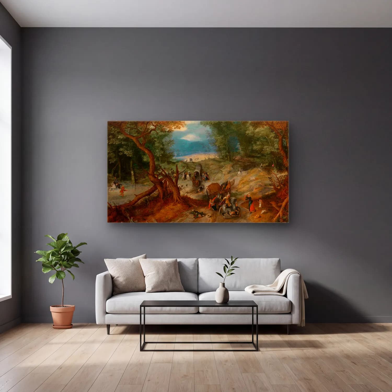 Jan Brueghel The Elder – Travallers Attacked cam tablo — gri duvarlı salonda