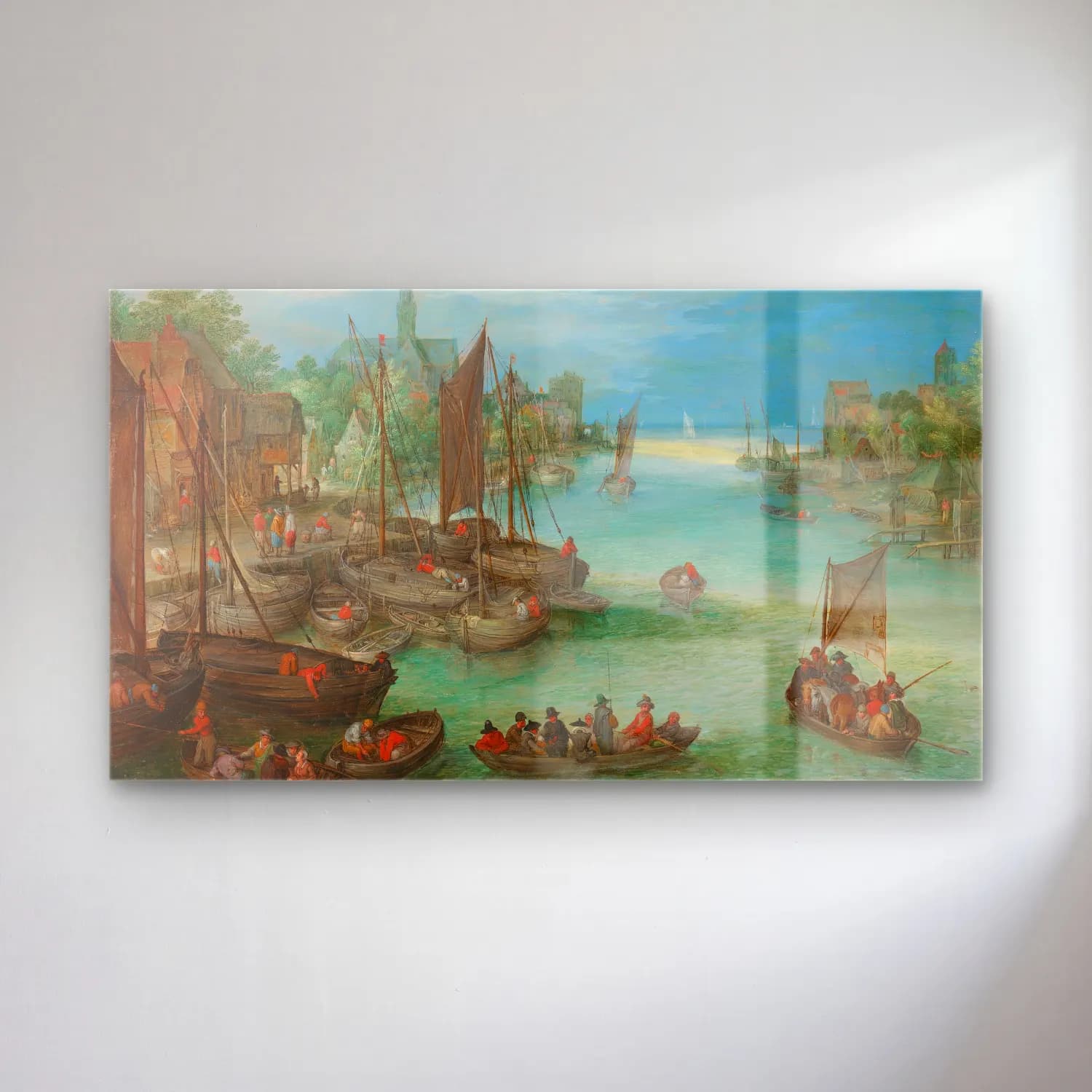 Jan Brueghel The Elder – View of a City along a River cam tablo — Jan Brueghel The Elder – View of a City along a River — yağlı boya liman ve tekneler