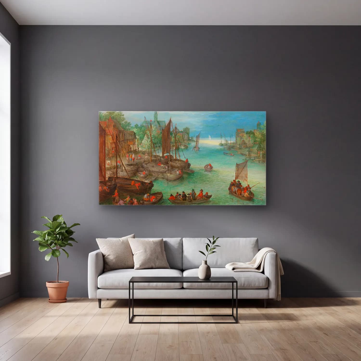 Jan Brueghel The Elder – View of a City along a River cam tablo — gri duvarlı salonda