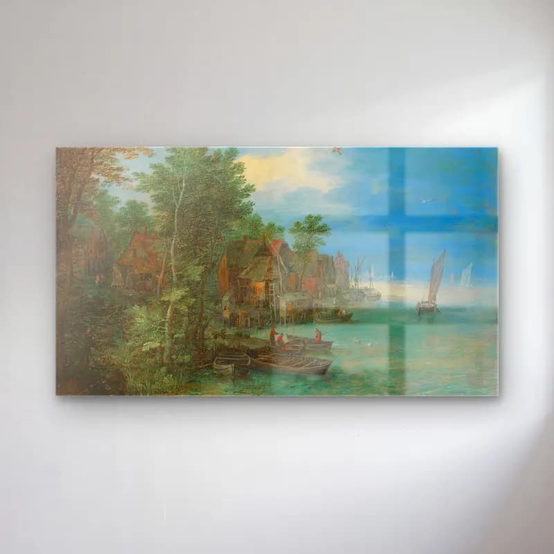 Jan Brueghel The Elder – View of a Village along a River cam tablo — Jan Brueghel The Elder – View of a Village along a River — yağlı boya liman ve tekneler