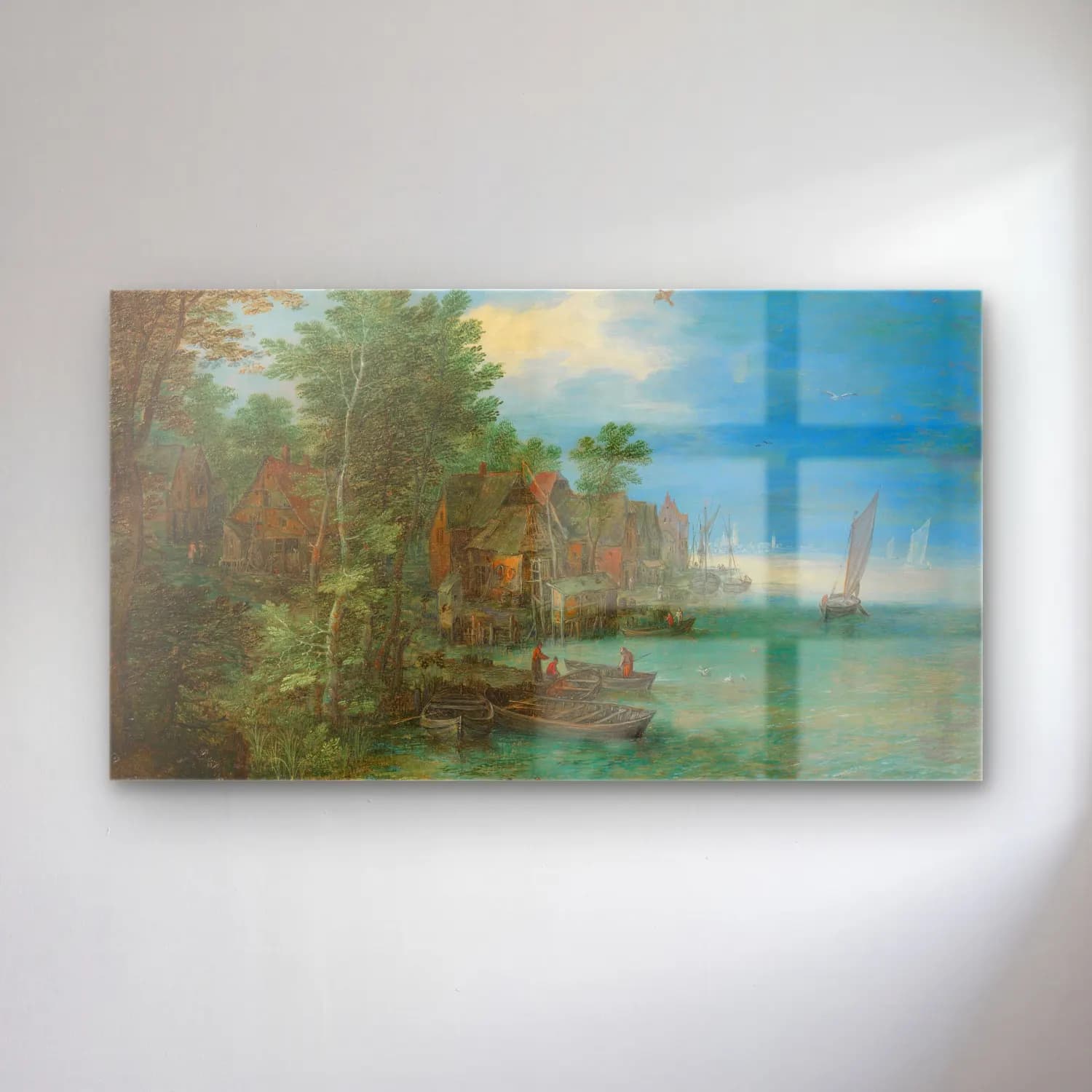 Jan Brueghel The Elder – View of a Village along a River cam tablo — Jan Brueghel The Elder – View of a Village along a River — yağlı boya liman ve tekneler