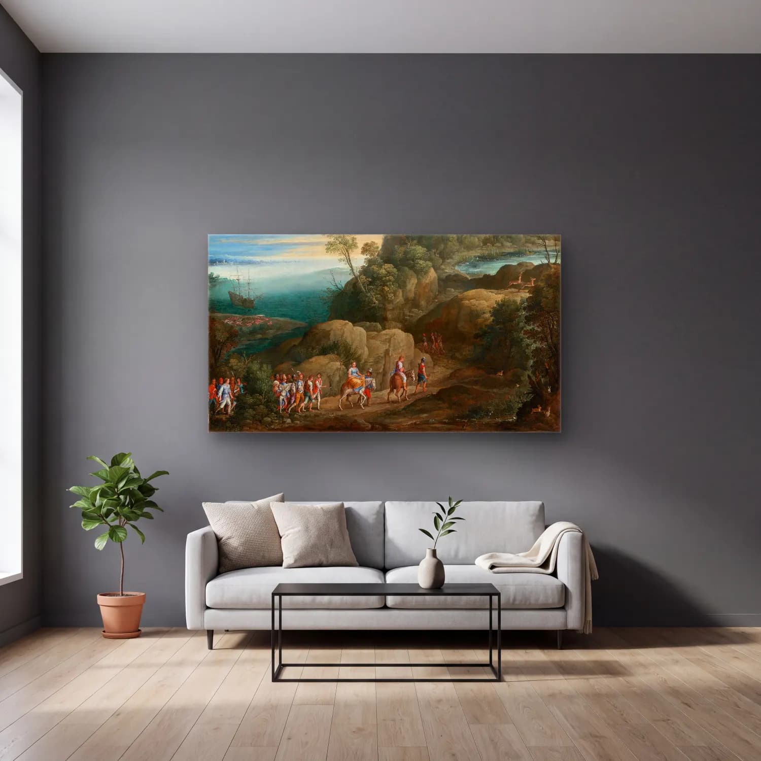 Paul Bril – An Extensive Landscape With Scenes From The Historiae… cam tablo — gri duvarlı salonda
