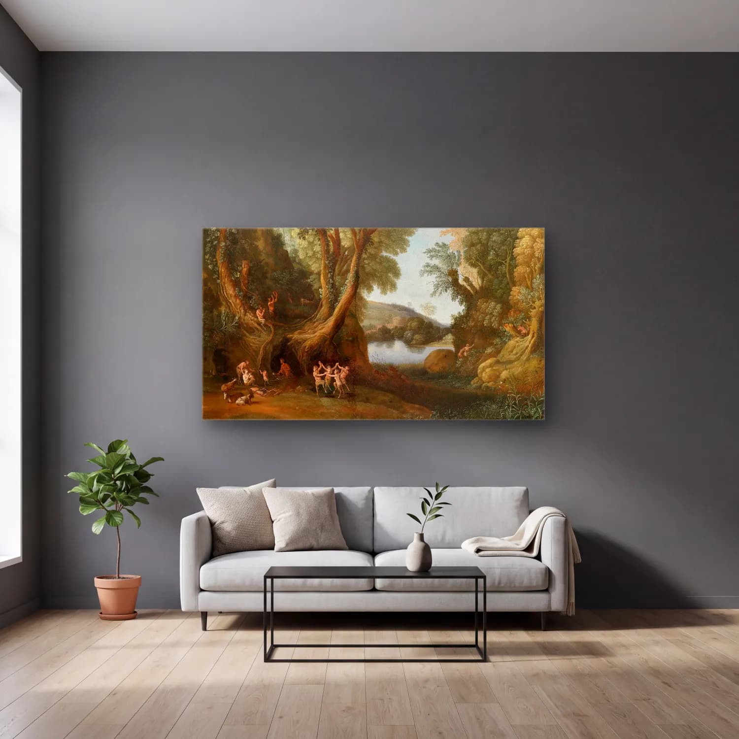 Paul Bril – Fauns in a wooded landscape cam tablo — gri duvarlı salonda