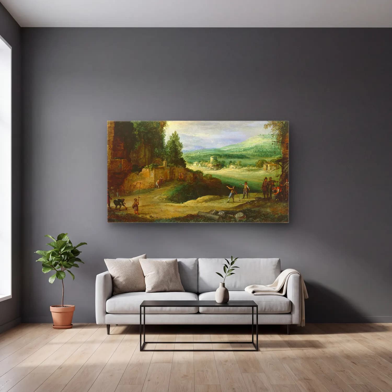 Paul Bril – Landscape with Men Playing ‘Mail à la Chicane’ cam tablo — gri duvarlı salonda