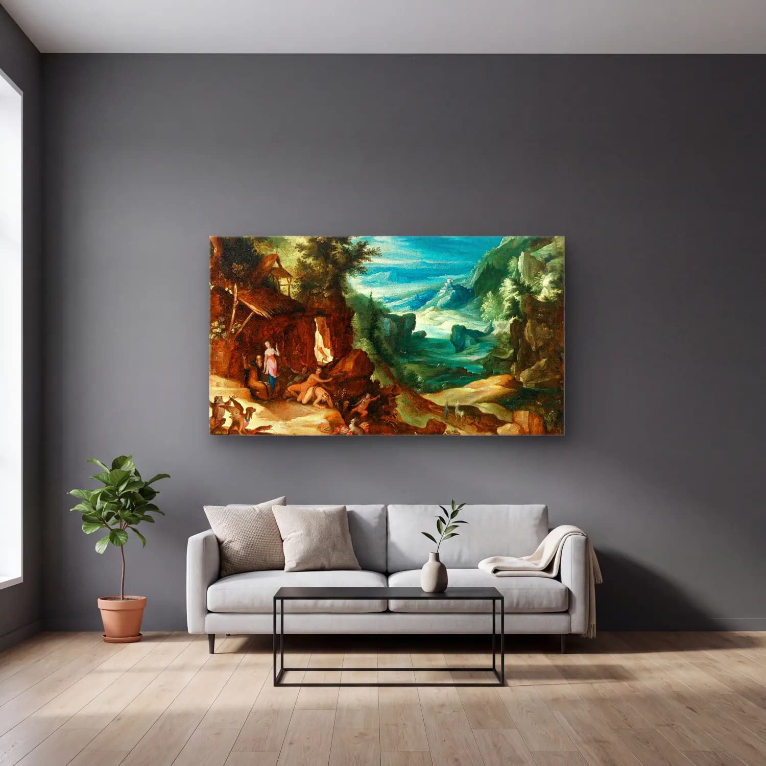 Paul Bril – Landscape with the Temptation of Saint Anthony cam tablo — gri duvarlı salonda