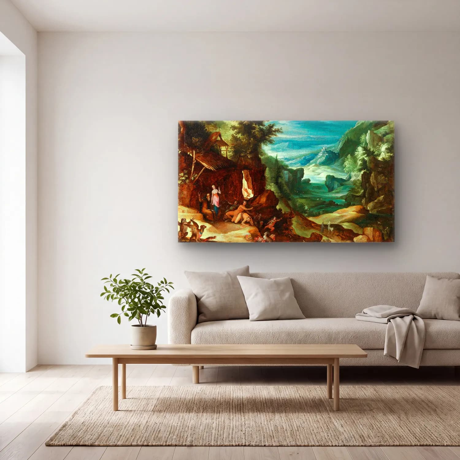 Paul Bril – Landscape with the Temptation of Saint Anthony cam tablo — açık renk salonda