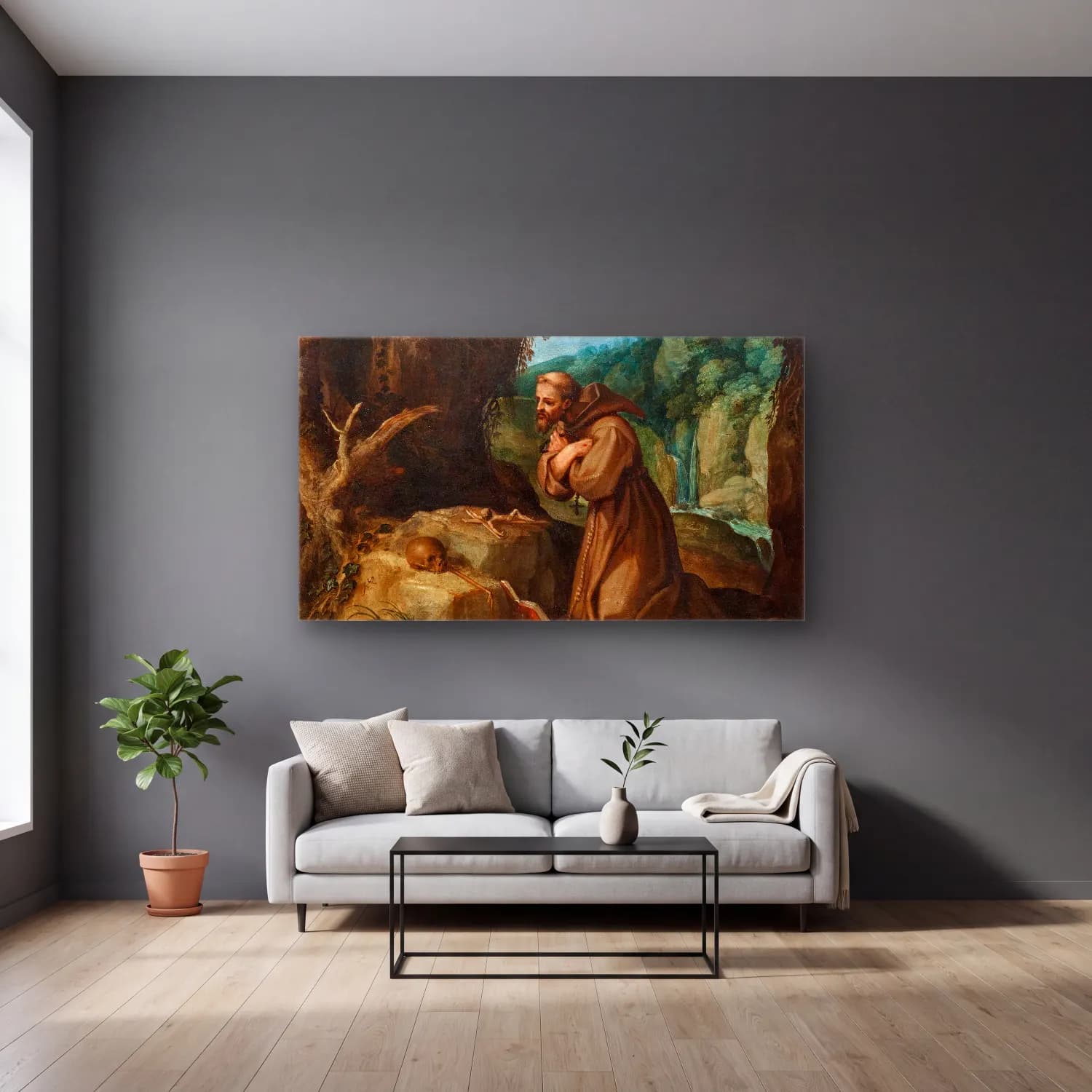 Paul Bril – Saint Francis of Assisi in meditation cam tablo — gri duvarlı salonda