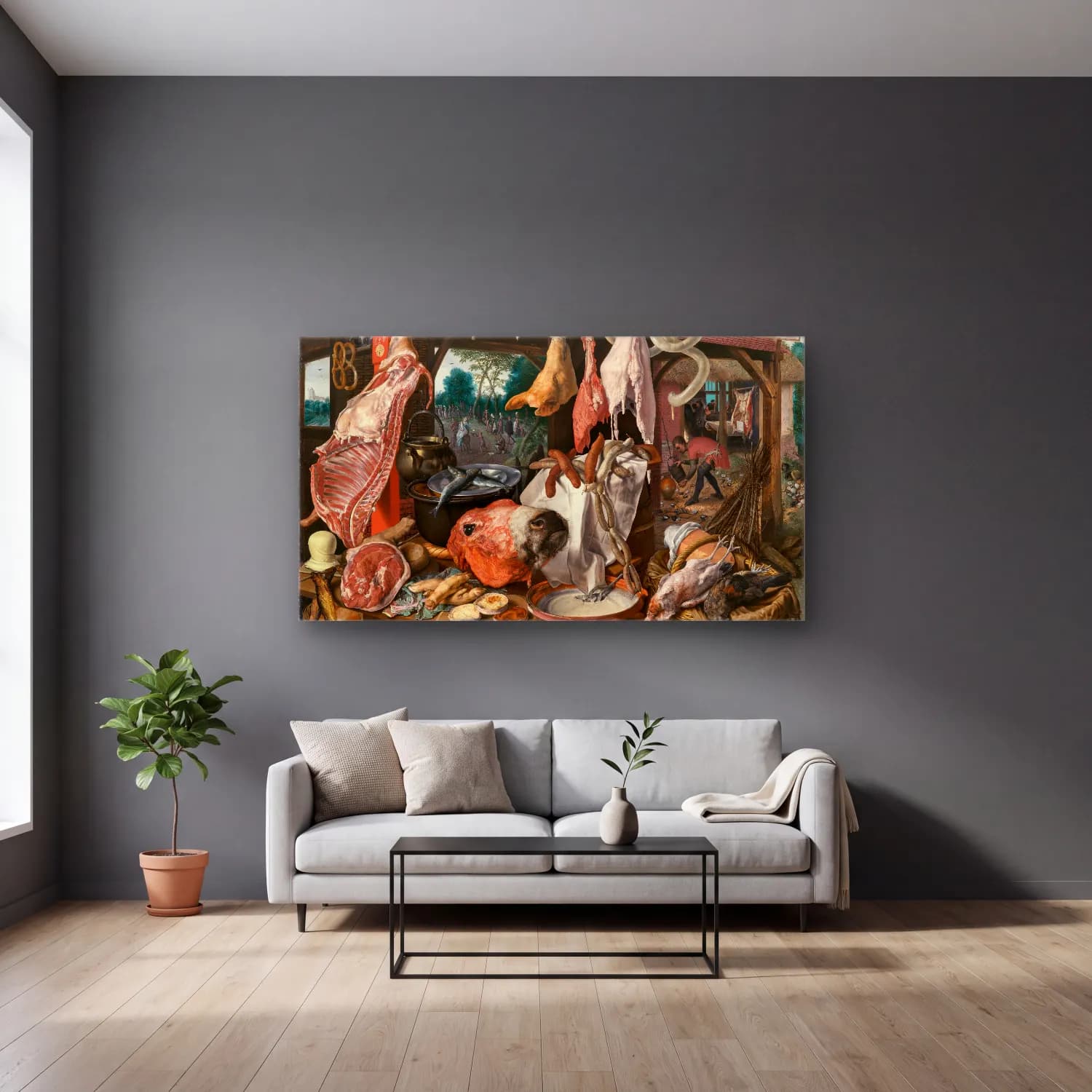 Pieter Aertsen – A Meat Stall with the Holy Family Giving Alms (The… cam tablo — gri duvarlı salonda