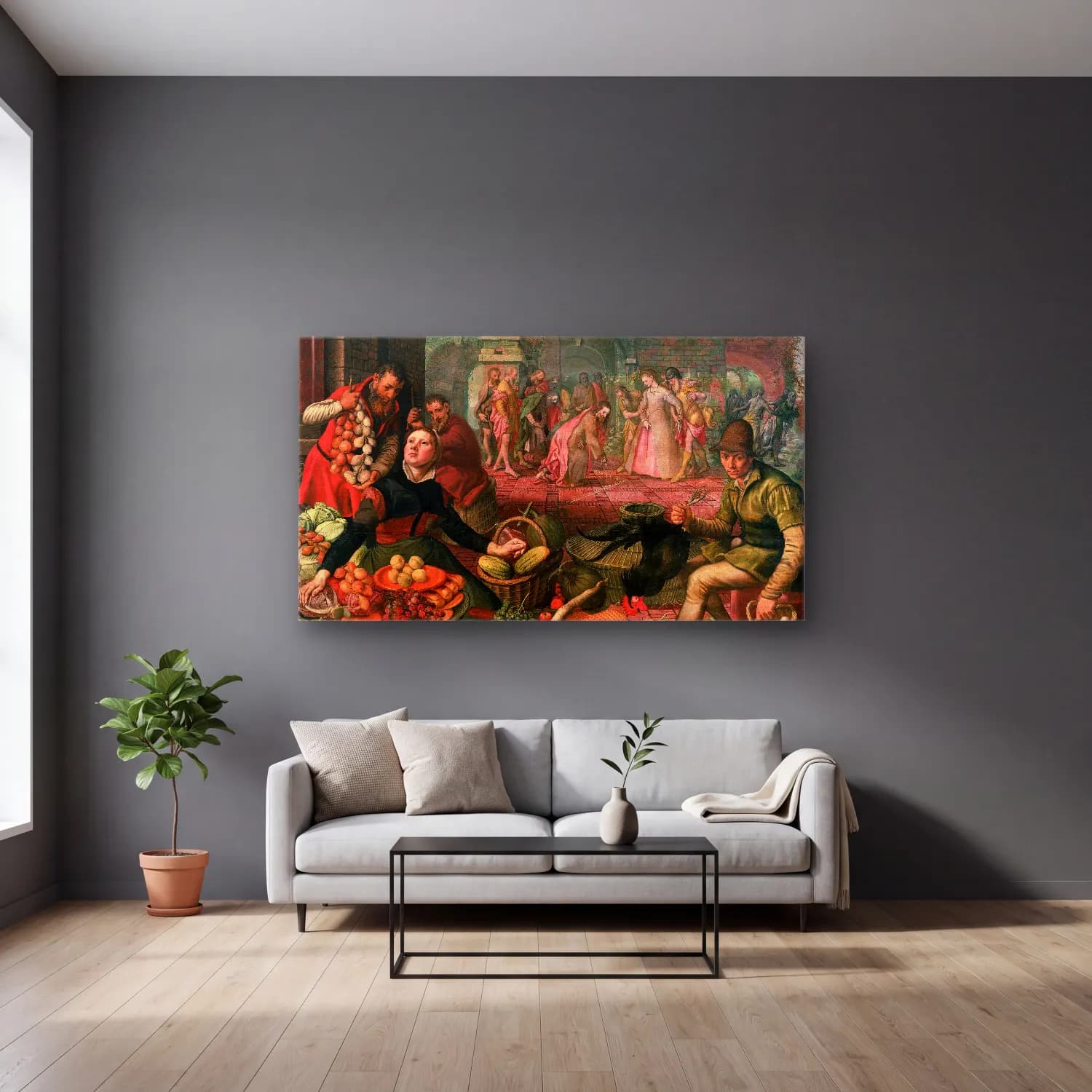 Pieter Aertsen – Christ and the Woman taken in Adultery cam tablo — gri duvarlı salonda