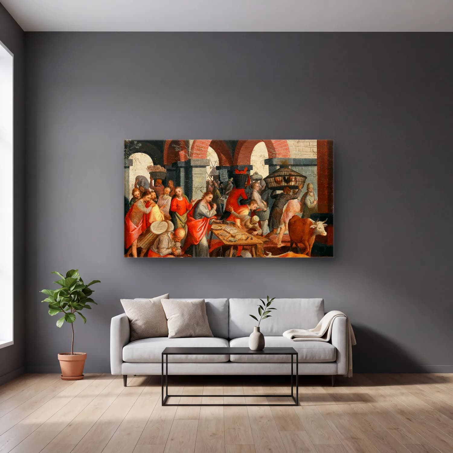 Pieter Aertsen – Christian deeds of mercy (Matthew 25 35-36) cam tablo — gri duvarlı salonda