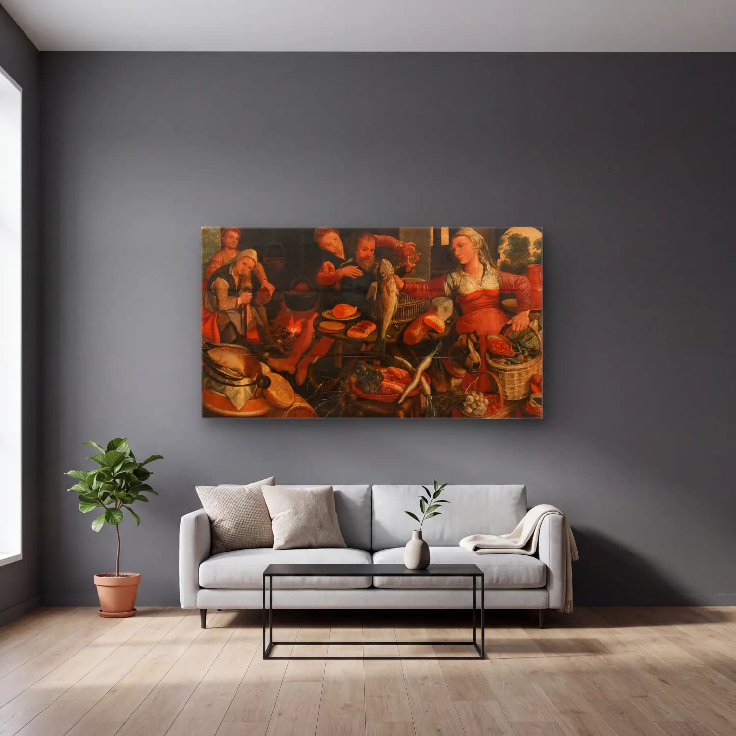 Pieter Aertsen – Kitchen Scene cam tablo — gri duvarlı salonda