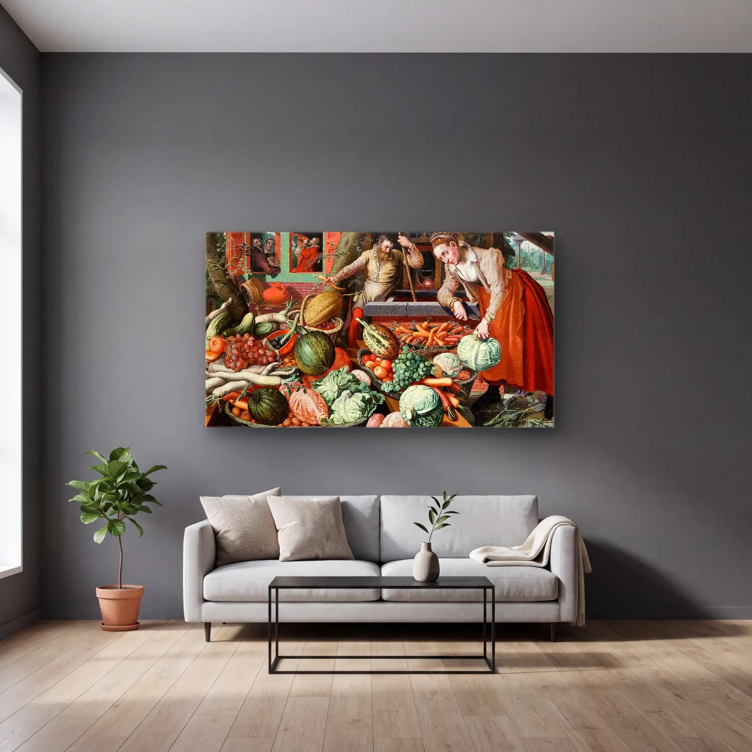 Pieter Aertsen – Market Scene cam tablo — gri duvarlı salonda