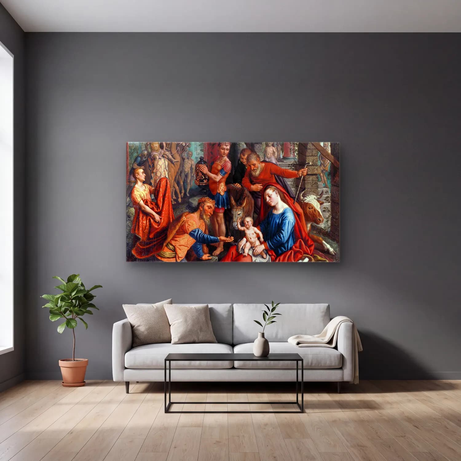 Pieter Aertsen – The Adoration of the Magi cam tablo — gri duvarlı salonda