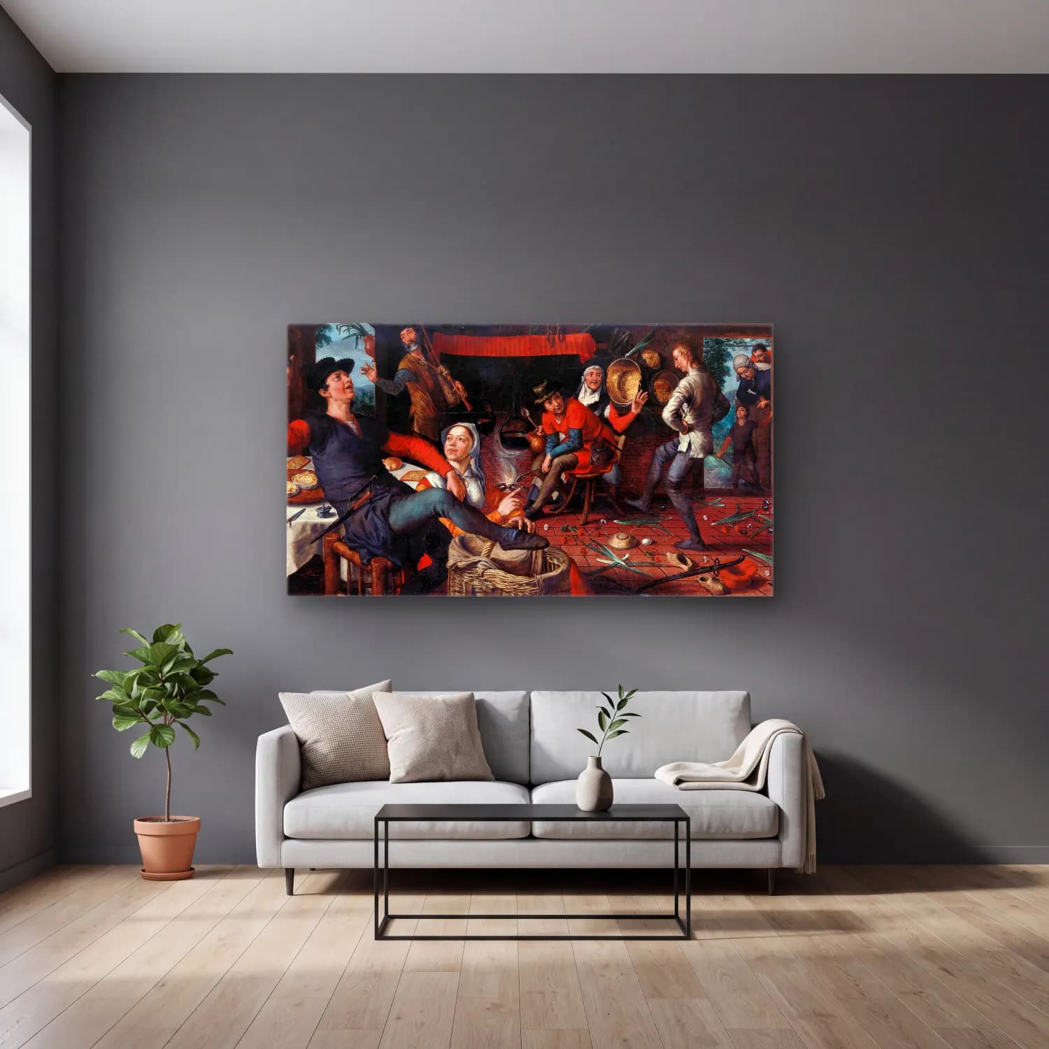 Pieter Aertsen – The Egg Dance cam tablo — gri duvarlı salonda