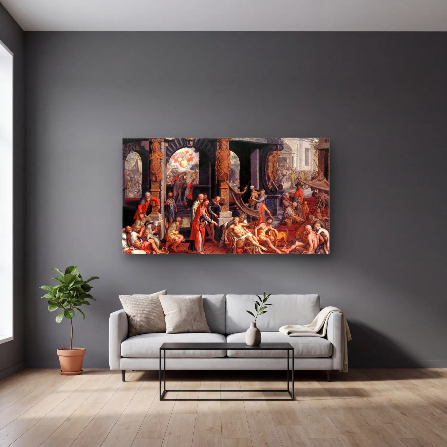 Pieter Aertsen – The Healing of the Paralytic,Pool of Bethesda cam tablo — gri duvarlı salonda