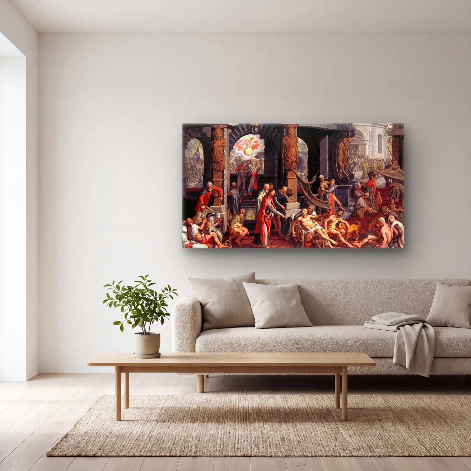 Pieter Aertsen – The Healing of the Paralytic,Pool of Bethesda cam tablo — açık renk salonda