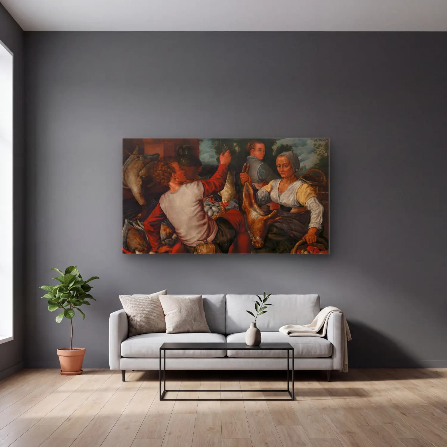 Pieter Aertsen – The Stallholders cam tablo — gri duvarlı salonda