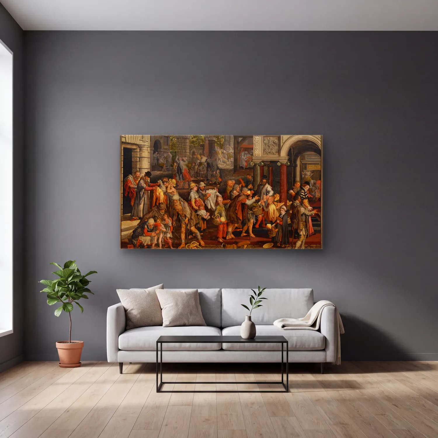 Pieter Aertsen – Wing of an Altarpiece with Adoration of the Magi cam tablo — gri duvarlı salonda