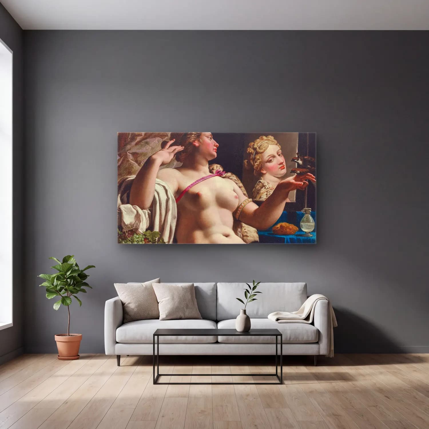 Abraham Janssens – An Allegory Of Lust (Lascivia) cam tablo — gri duvarlı salonda