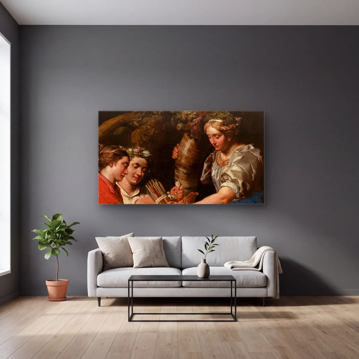 Abraham Janssens – Concord, Charity and Sincerity Conquering Discord cam tablo — gri duvarlı salonda