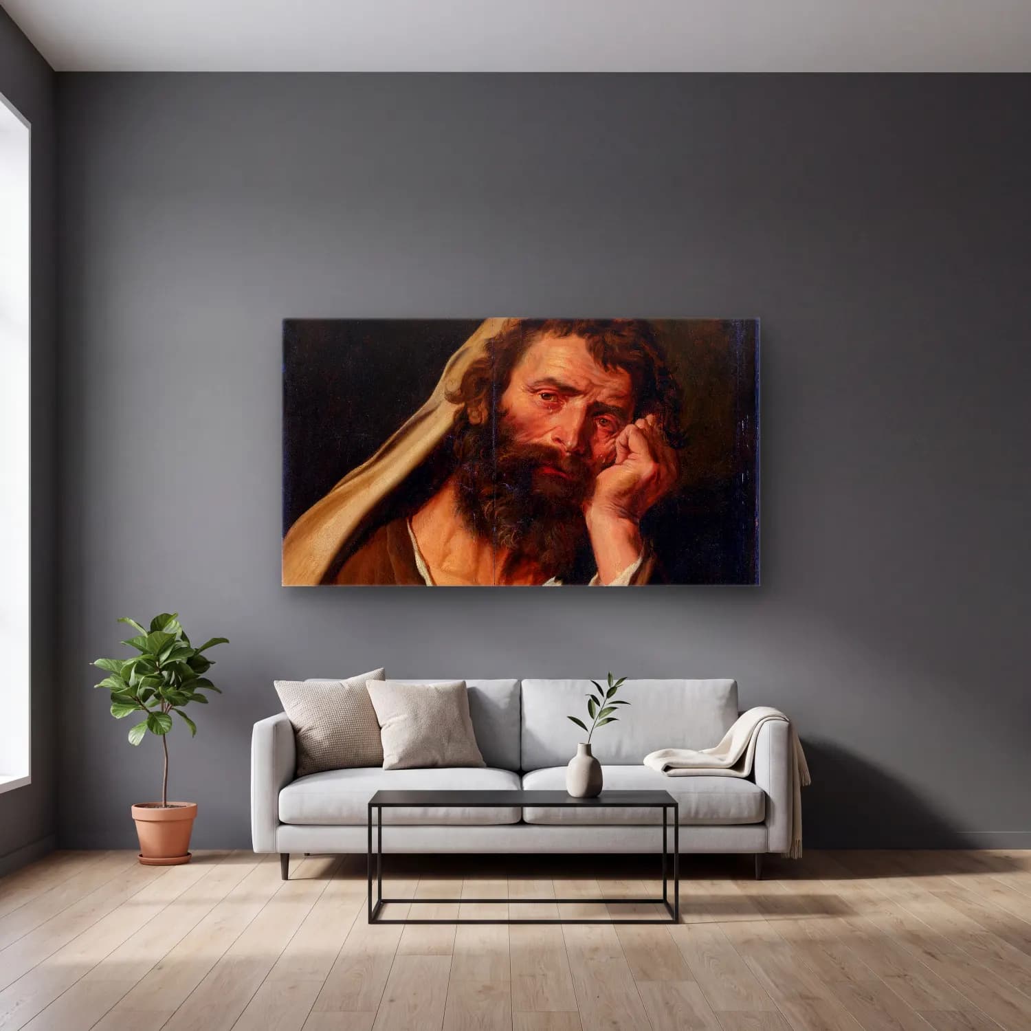 Abraham Janssens – Heraclitus cam tablo — gri duvarlı salonda