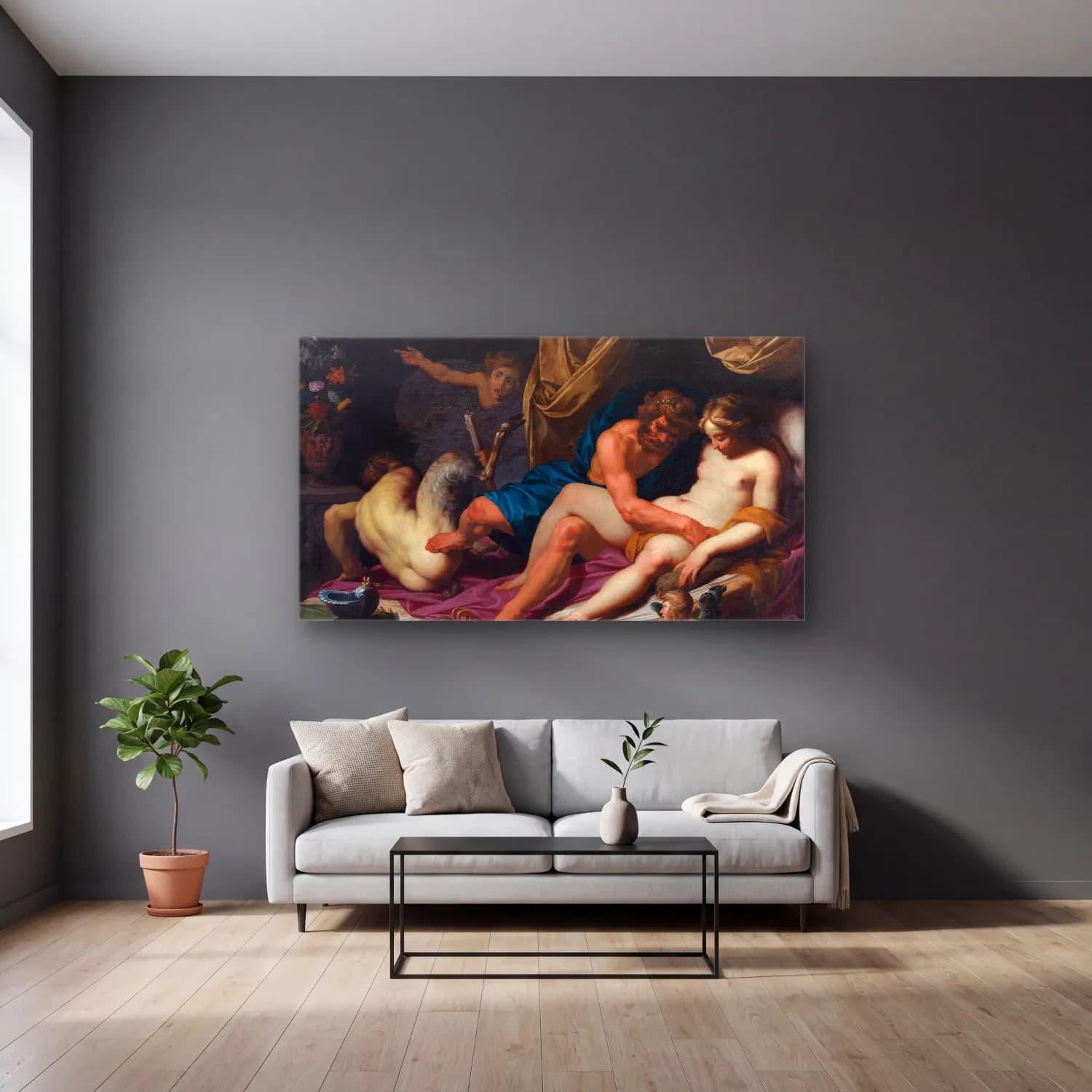 Abraham Janssens – Hercules Kicking Faunus out of Omfale’s Bed cam tablo — gri duvarlı salonda