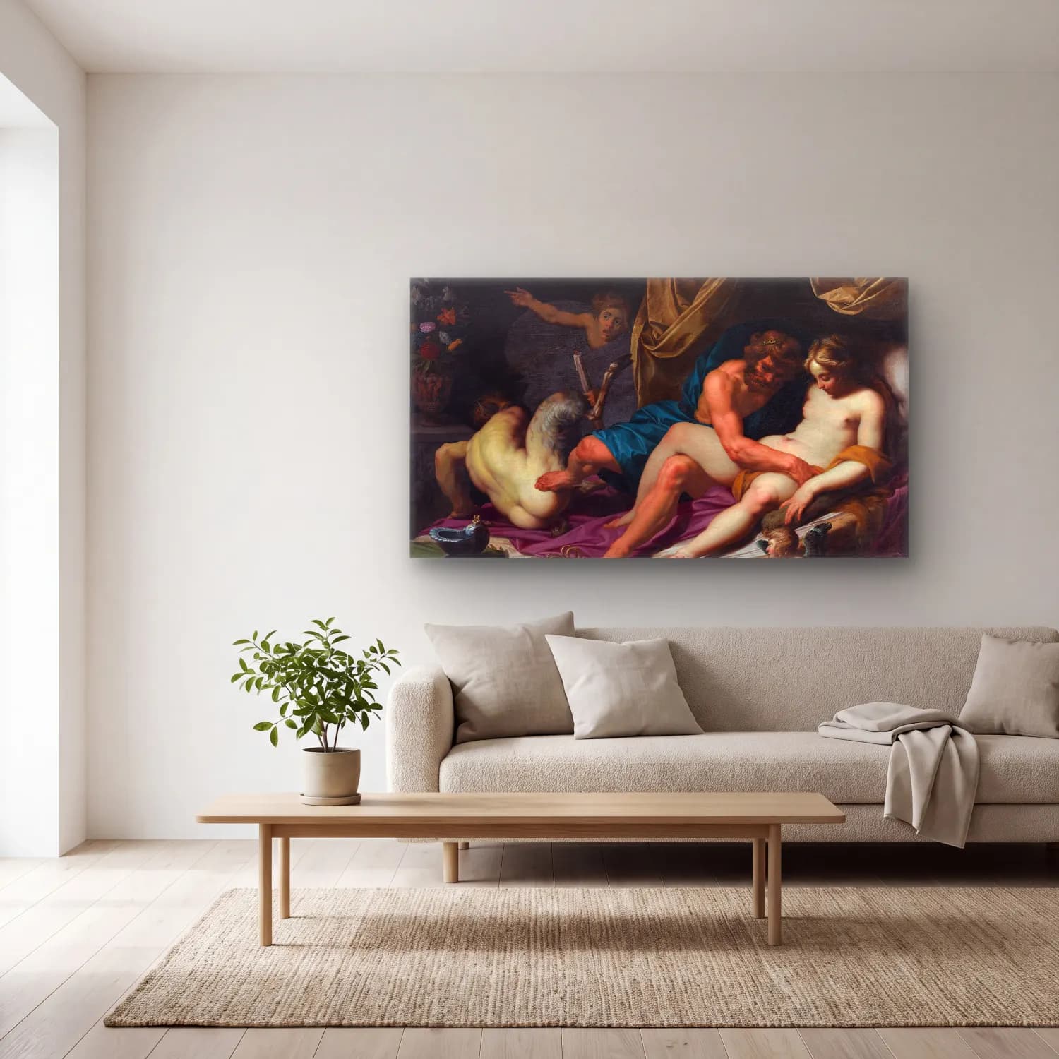 Abraham Janssens – Hercules Kicking Faunus out of Omfale’s Bed cam tablo — açık renk salonda