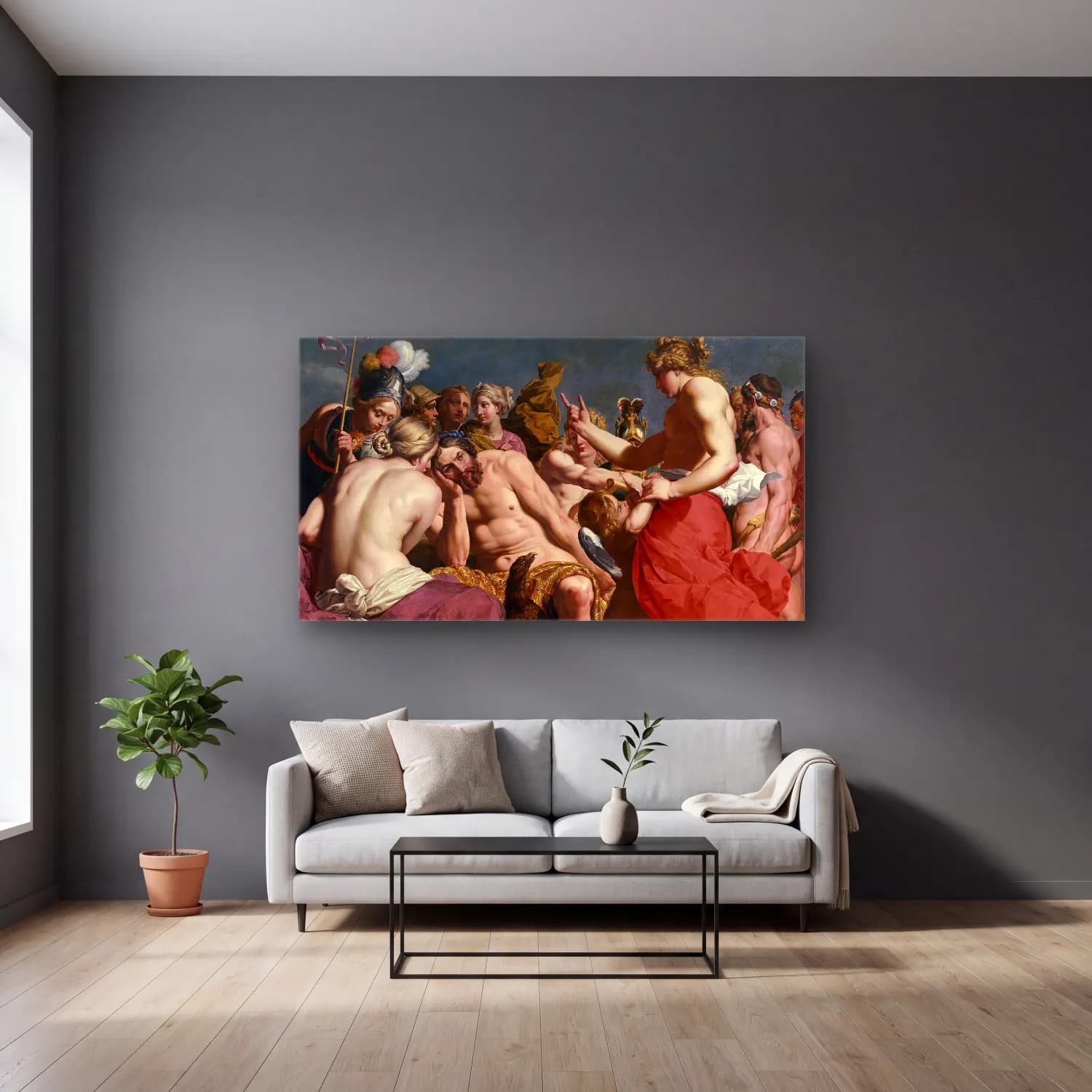 Abraham Janssens – Jupiter Rebuked By Venus (C. 1612) cam tablo — gri duvarlı salonda