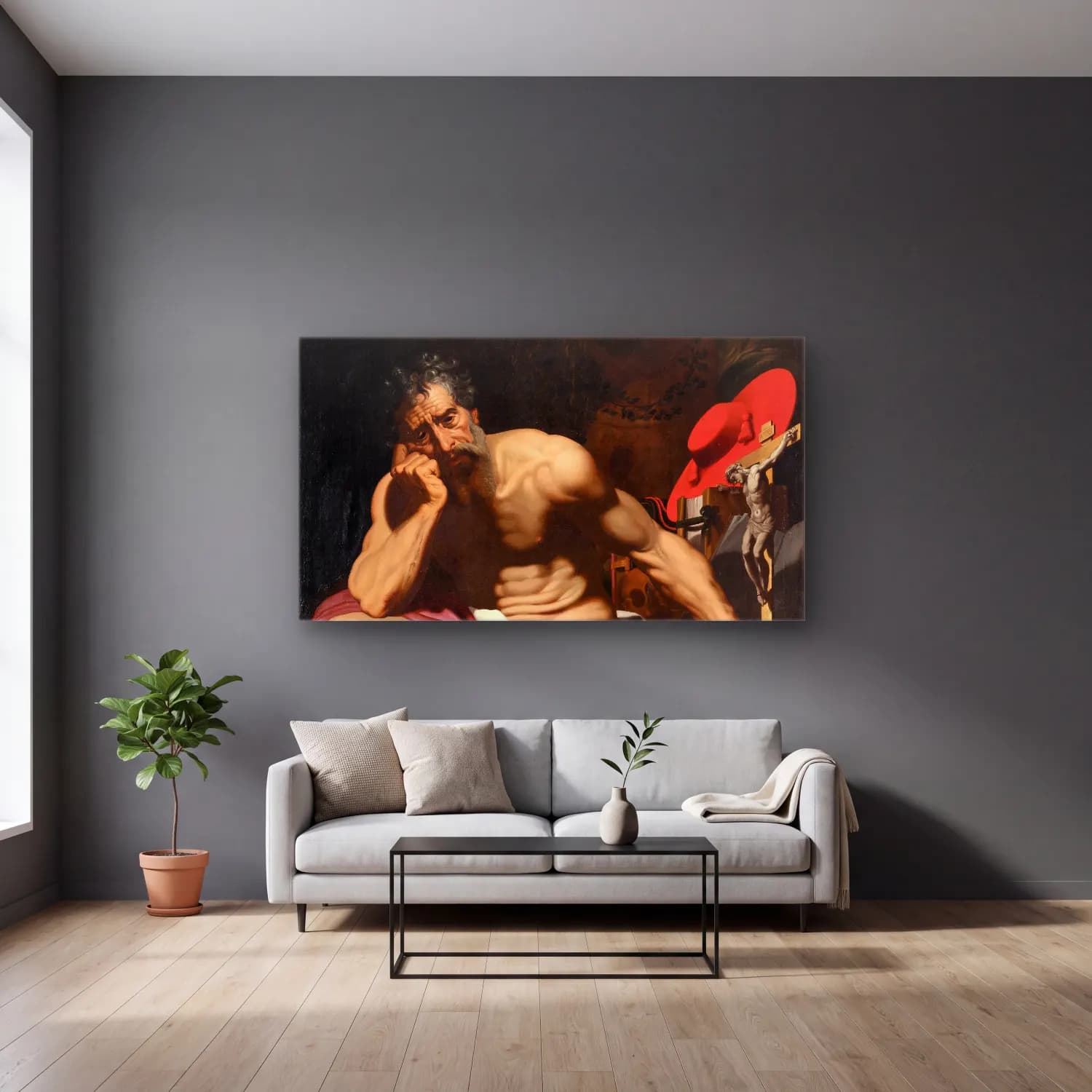 Abraham Janssens – St Jerome cam tablo — gri duvarlı salonda