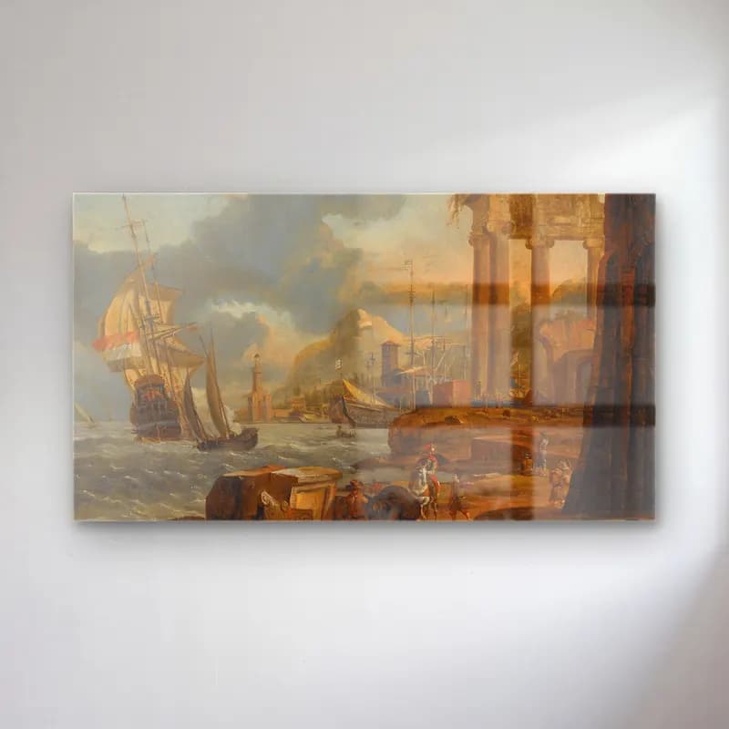 Abraham Storck – A Mediterranean Harbour Scene With Travellers On The Shore,… cam tablo — Abraham Storck – A Mediterranean Harbour Scene With Travellers On The Shore,… — yağlı boya liman ve tekneler