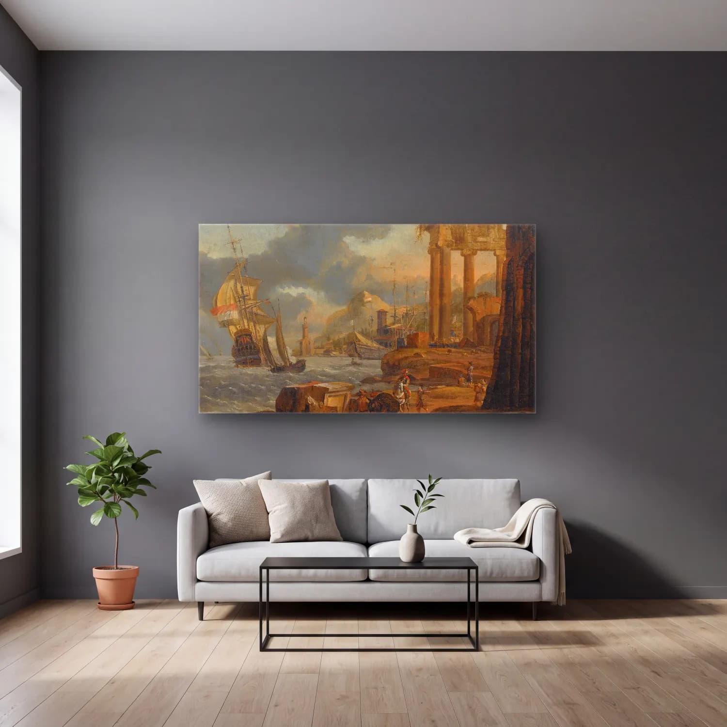 Abraham Storck – A Mediterranean Harbour Scene With Travellers On The Shore,… cam tablo — gri duvarlı salonda
