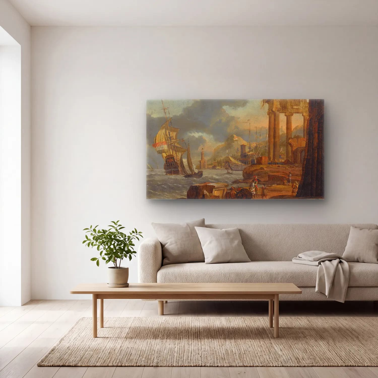 Abraham Storck – A Mediterranean Harbour Scene With Travellers On The Shore,… cam tablo — açık renk salonda