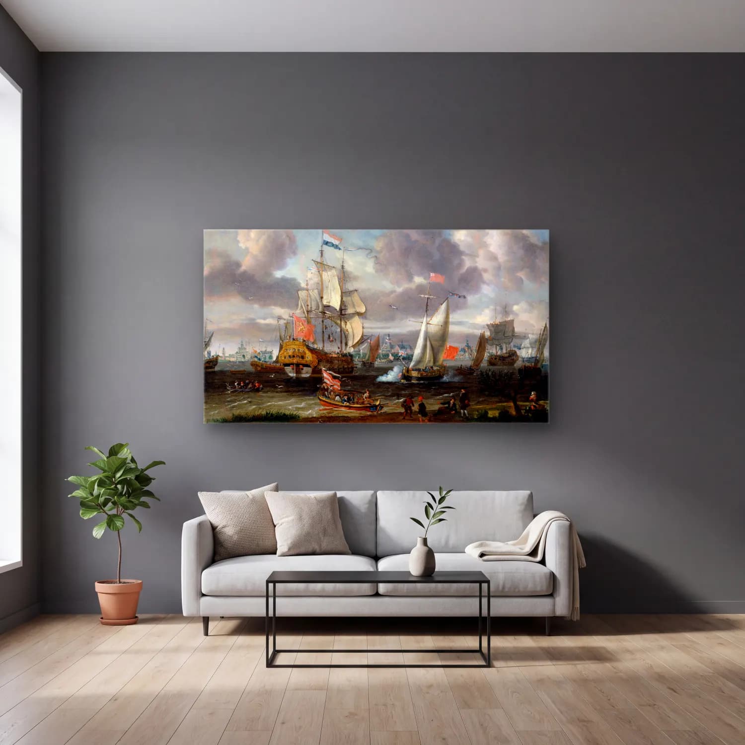 Abraham Storck – An English Yacht saluting a Dutch Man-of-War in the port of… cam tablo — gri duvarlı salonda