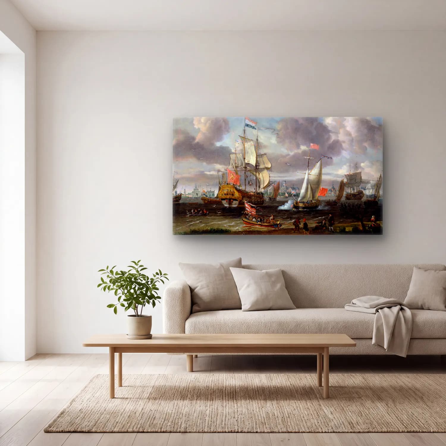Abraham Storck – An English Yacht saluting a Dutch Man-of-War in the port of… cam tablo — açık renk salonda